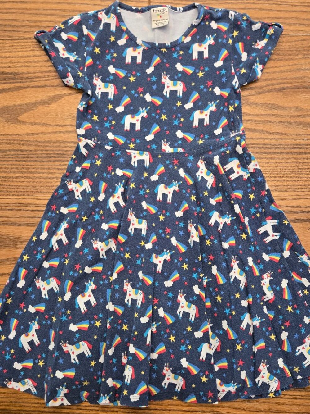 Frugi Navy Unicorn Magic Rainbow Skater Dress - Size 6-7 - Twirl Girls Summer